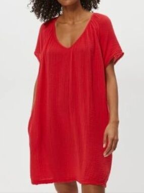 Michael Stars Gauze Cotton Dress Red V-Neck Tunic Short Sleeve Crochet Trim XS